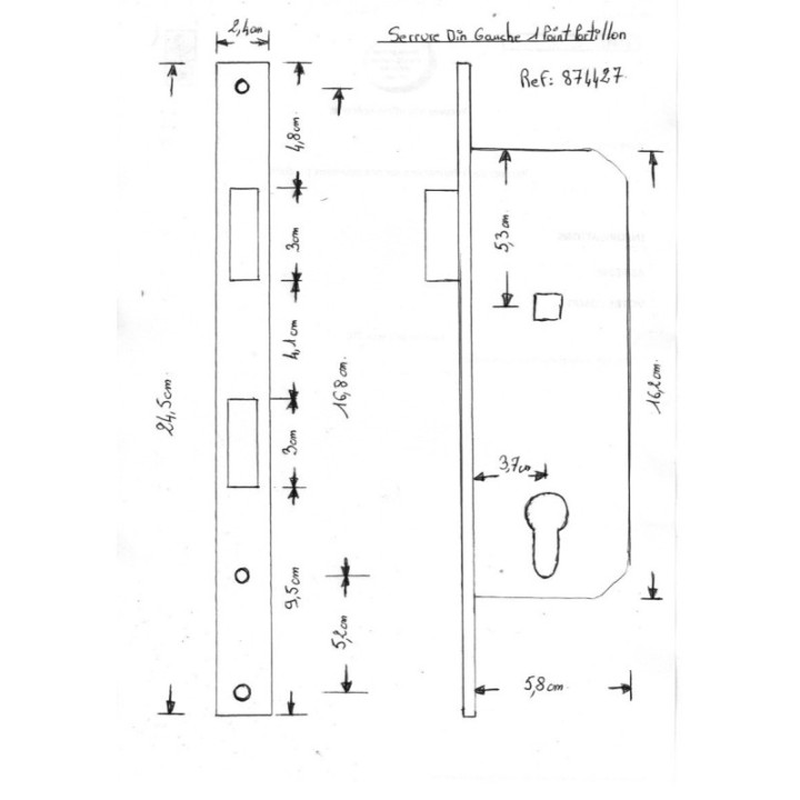 Serrure DIN Gauche 1 point portillon incorporé Hormann Référence 874427